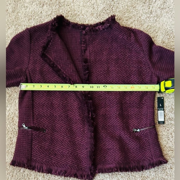 NWT NIC+ZOE Burgundy Frayed-Trim Tweed and Knit Mixed Blazer, Size Large - Picture 12 of 16